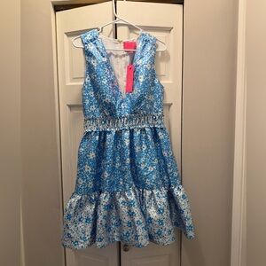 NWT LILLY PULITZER FABIANA V NECK JACQUARD DRESS SIZE 6 LUNAR BLUE BABY BLUES